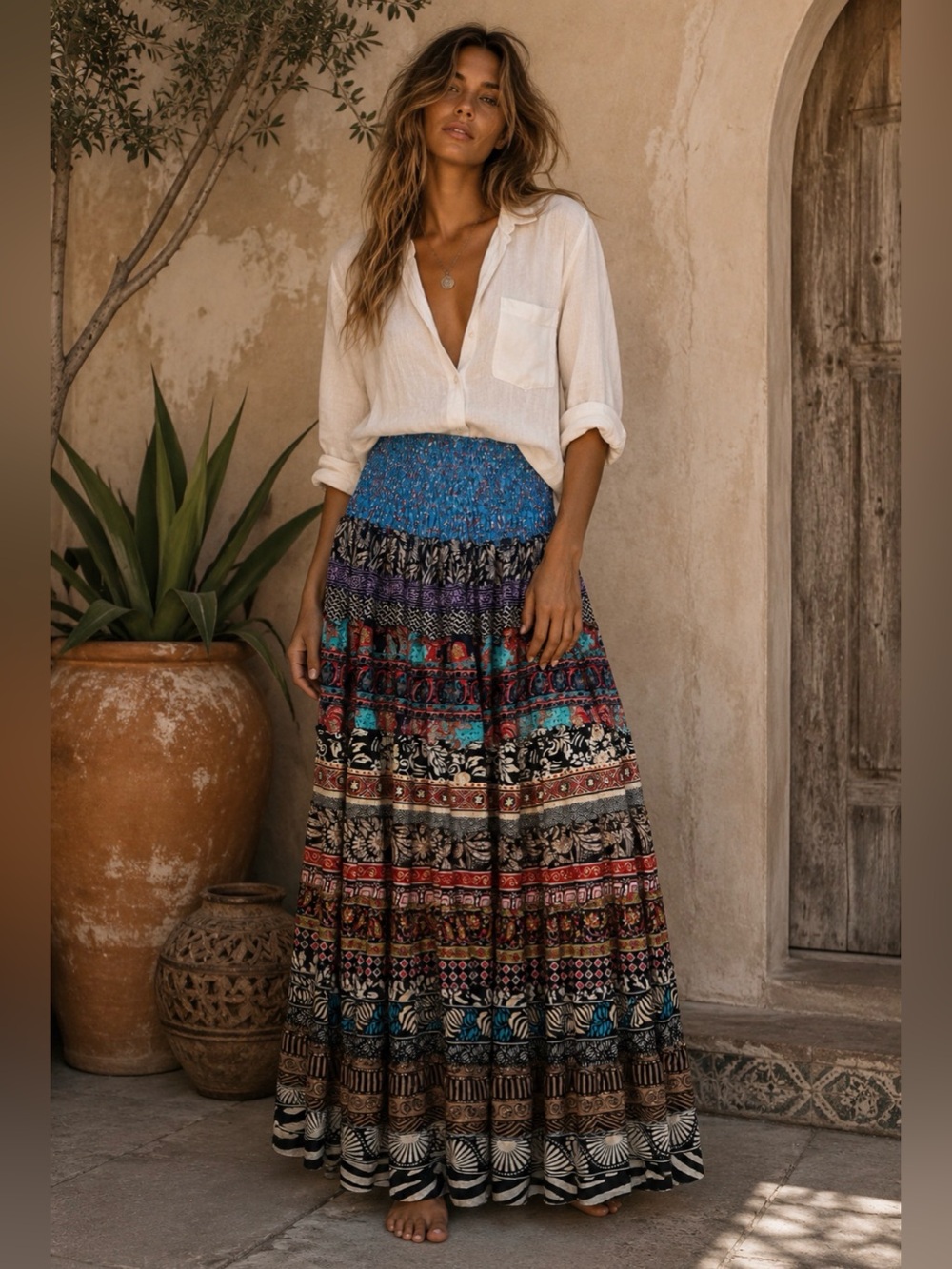 70% Silk Patchwork Bohemian Maxi Skirt | Tiered Hippie Festival Skirt | Rustic